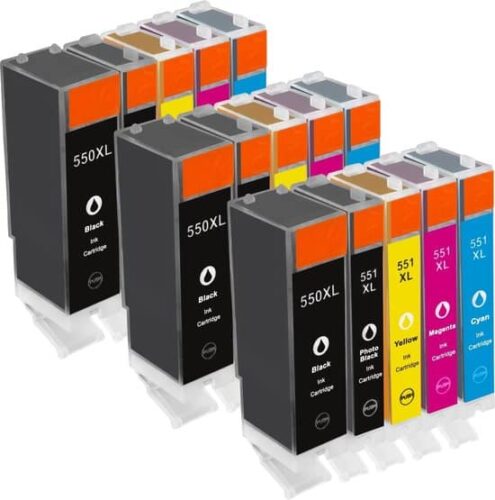 Canon CLI-551BK (zwart); Canon CLI-551C (cyaan); Canon CLI-551M (magenta); Canon CLI-551Y (geel); Canon PGI-550PGBK (pigment zwart)