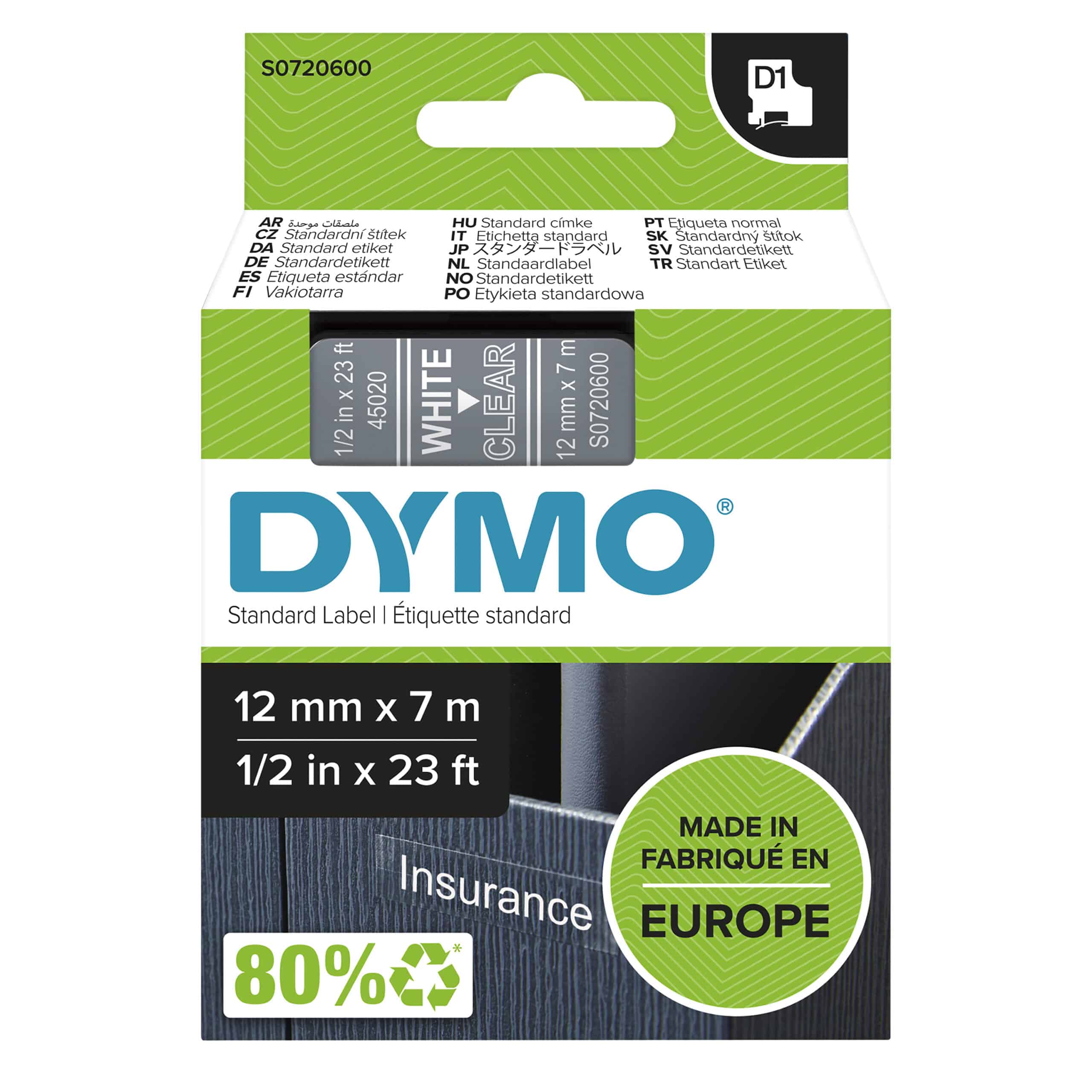 0c28ceed168d3ec3b1dc54ec9f6437e36c69f7f0.jpg DYMO originele D1 45020 labels | Witte Tekst op Doorzichtig Label | 12 mm x 7 m S0720600 - Afbeelding 1