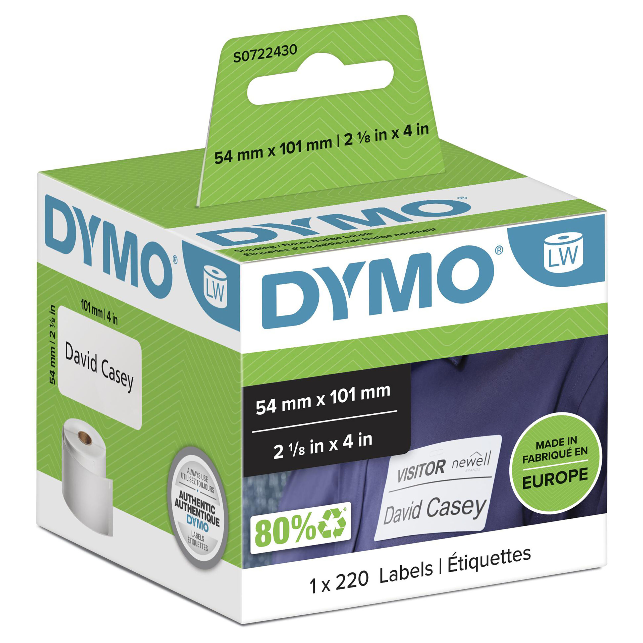 5035dcd9d8fa96a7e81b29e1a091ed1a83246c72.jpg DYMO originele LabelWriter grote verzendlabels/naamkaarten | 54 mm x 101 mm | 220 zelfklevende etiketten | zwart op zwart | Geschikt voor de LabelWriter labelprinters | Gemaakt in Europa S0722430 - Afbeelding 1