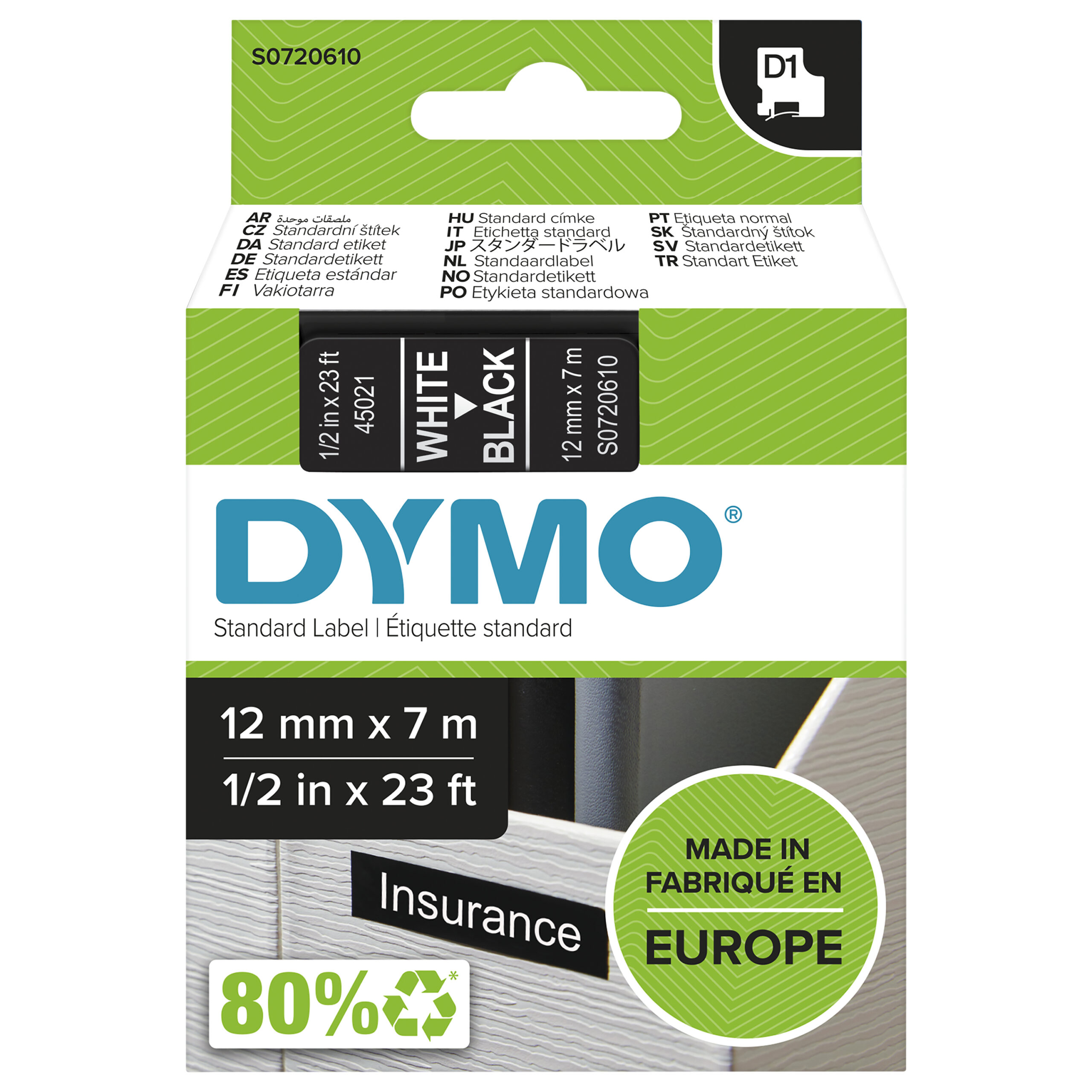 6636f76d3aff74d0096cd8a79fe1b32002a187a2.jpg DYMO originele D1 45021 labels | Witte Tekst op Zwart Label | 12 mm x 7 m S0720610 - Afbeelding 1