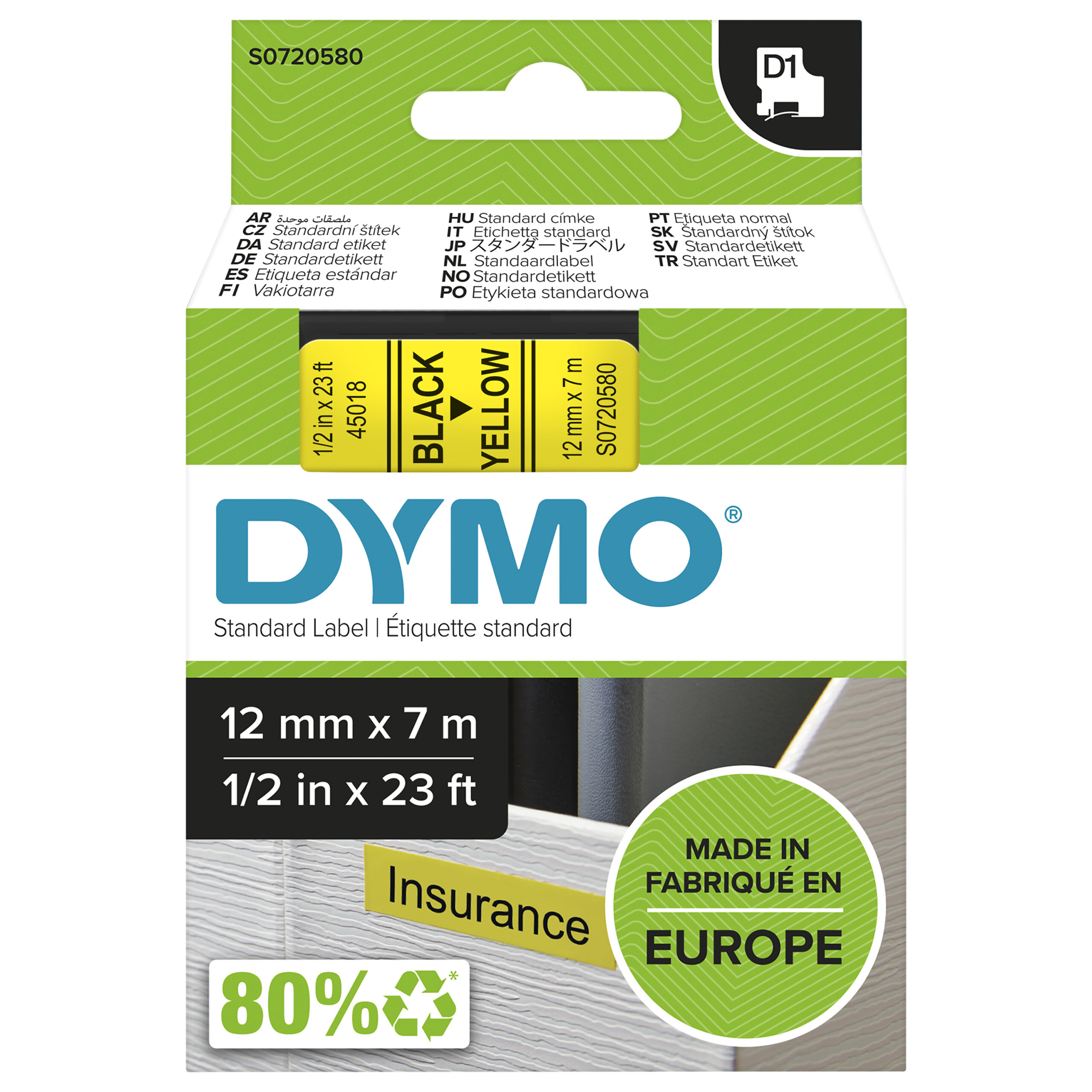 6d6efbf393fe4302b7382819a609d9d3e882e677.jpg DYMO originele D1 45018 labels | Zwarte Tekst op Geel Label | 12 mm x 7 m S0720580 - Afbeelding 1