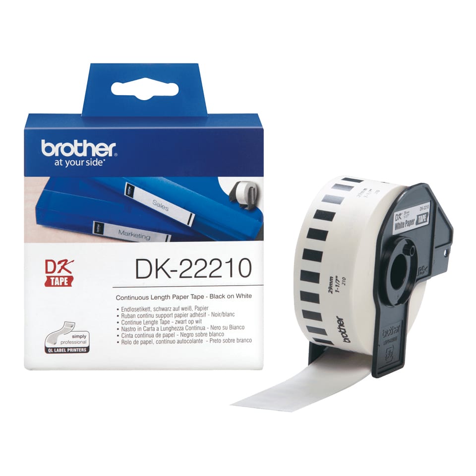 724fff32356f8097890d6ea1a8d00fc0bd2f0556.jpg Brother DK-22210 labelprinter-tape Zwart op wit DK-22210 - Afbeelding 1