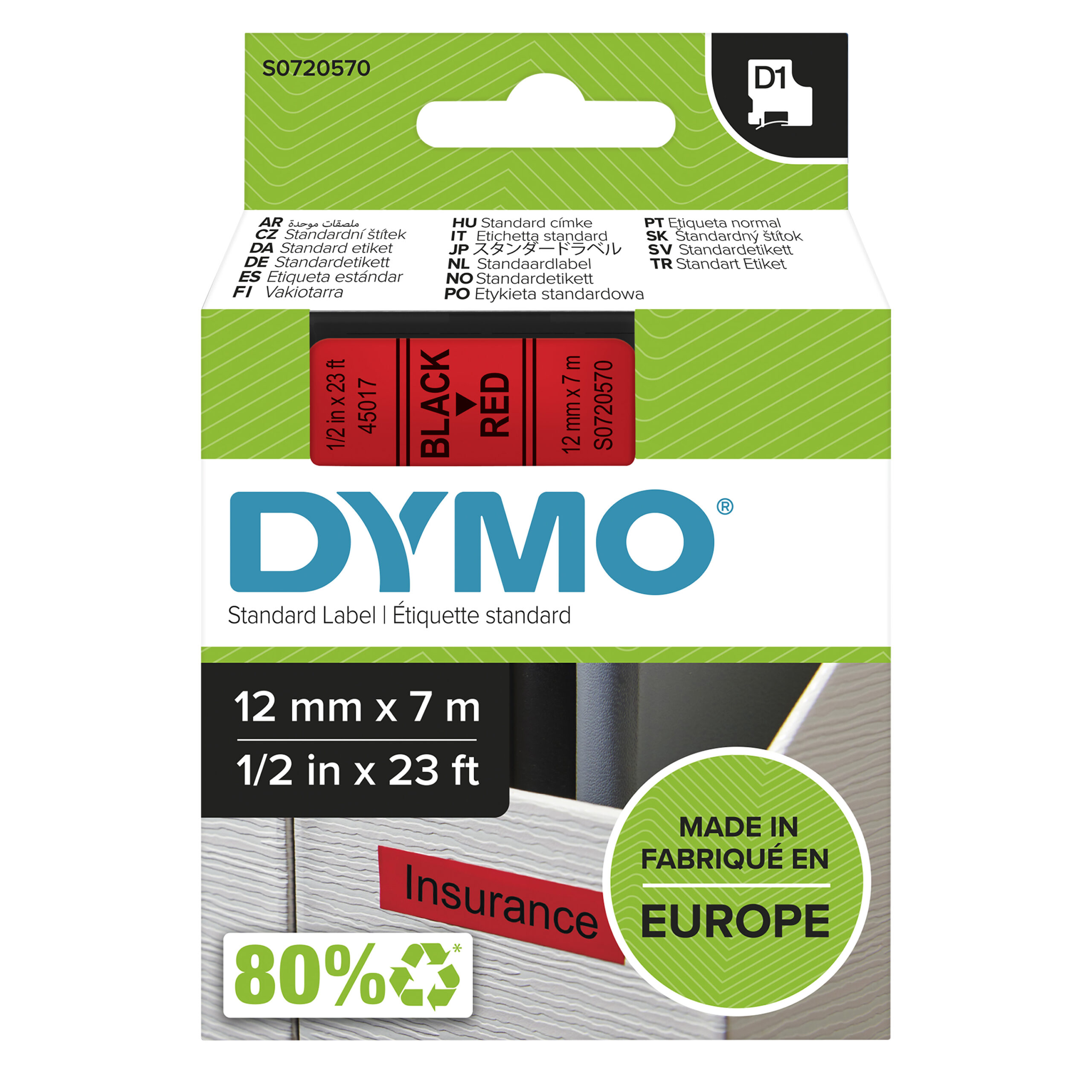 96c1cc03400f8ff161372280225ac9fbf3f0d7f3.jpg DYMO originele D1 45017 labels | Zwarte Tekst op Rood Label | 12 mm x 7 m S0720570 - Afbeelding 1