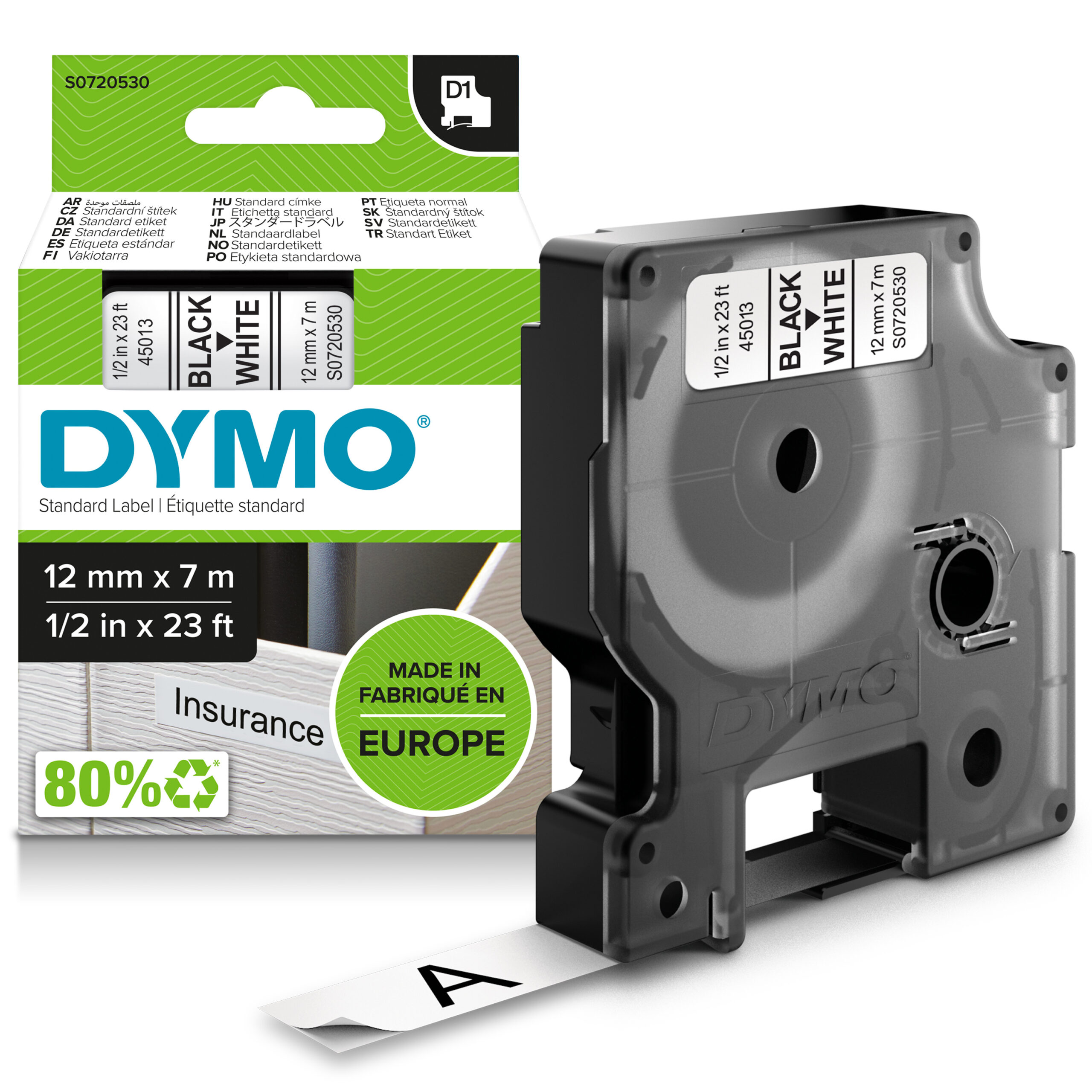 cc9b9f3c7d2ed163c137853712d3a25cc8d0c69a.jpg DYMO originele D1 45013 labels | Zwarte Tekst op Wit Label | 12 mm x 7 m S0720530 - Afbeelding 1
