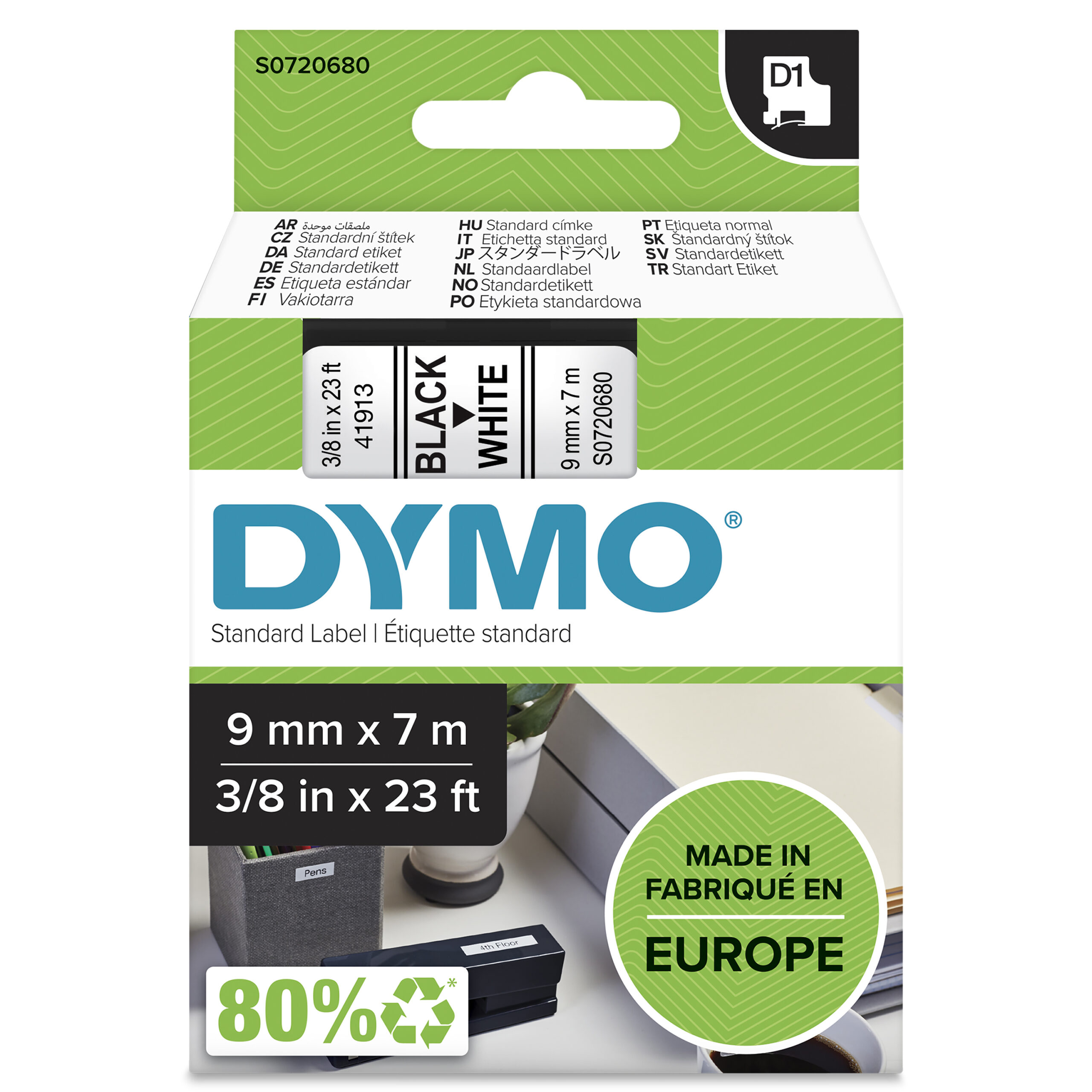 ebb6c2f0d7f2a3264b42380b42181ad0f1db2a9d.jpg DYMO originele D1 40913 labels | Zwarte Tekst op Wit Label | 9 mm x 7 m S0720680 - Afbeelding 1