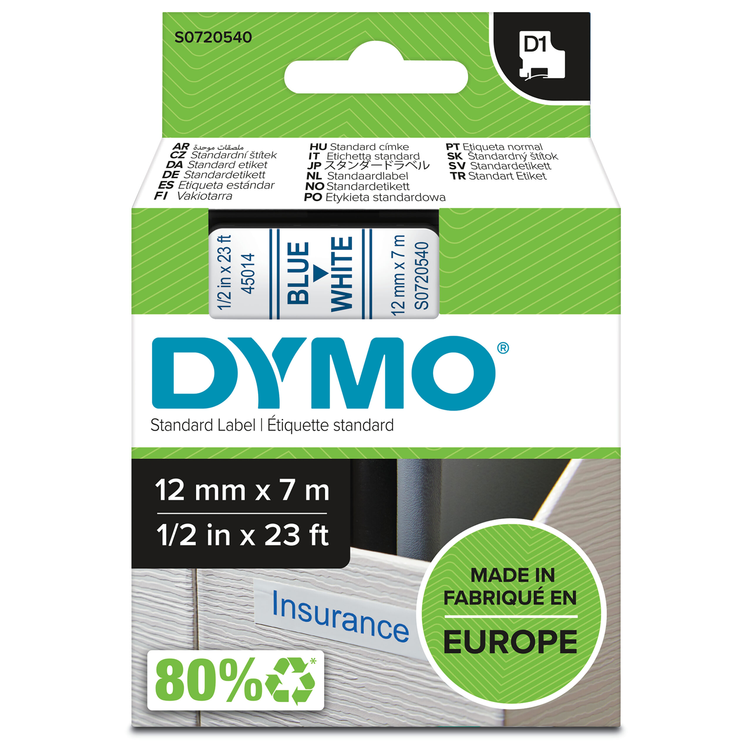 efe4980a803089e8b3343eda9a5ade503ac46f71.jpg DYMO originele D1 45014 labels | Blauwe Tekst op Wit Label | 12 mm x 7 m S0720540 - Afbeelding 1
