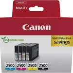 De Canon 9290B006 (PGI-2500) multipack bevat vier inktcartridges in zwart, cyaan, magenta en geel, ideaal voor scherpe afdrukken en levendige