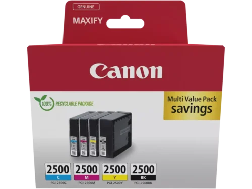 De Canon 9290B006 (PGI-2500) multipack bevat vier inktcartridges in zwart, cyaan, magenta en geel, ideaal voor scherpe afdrukken en levendige