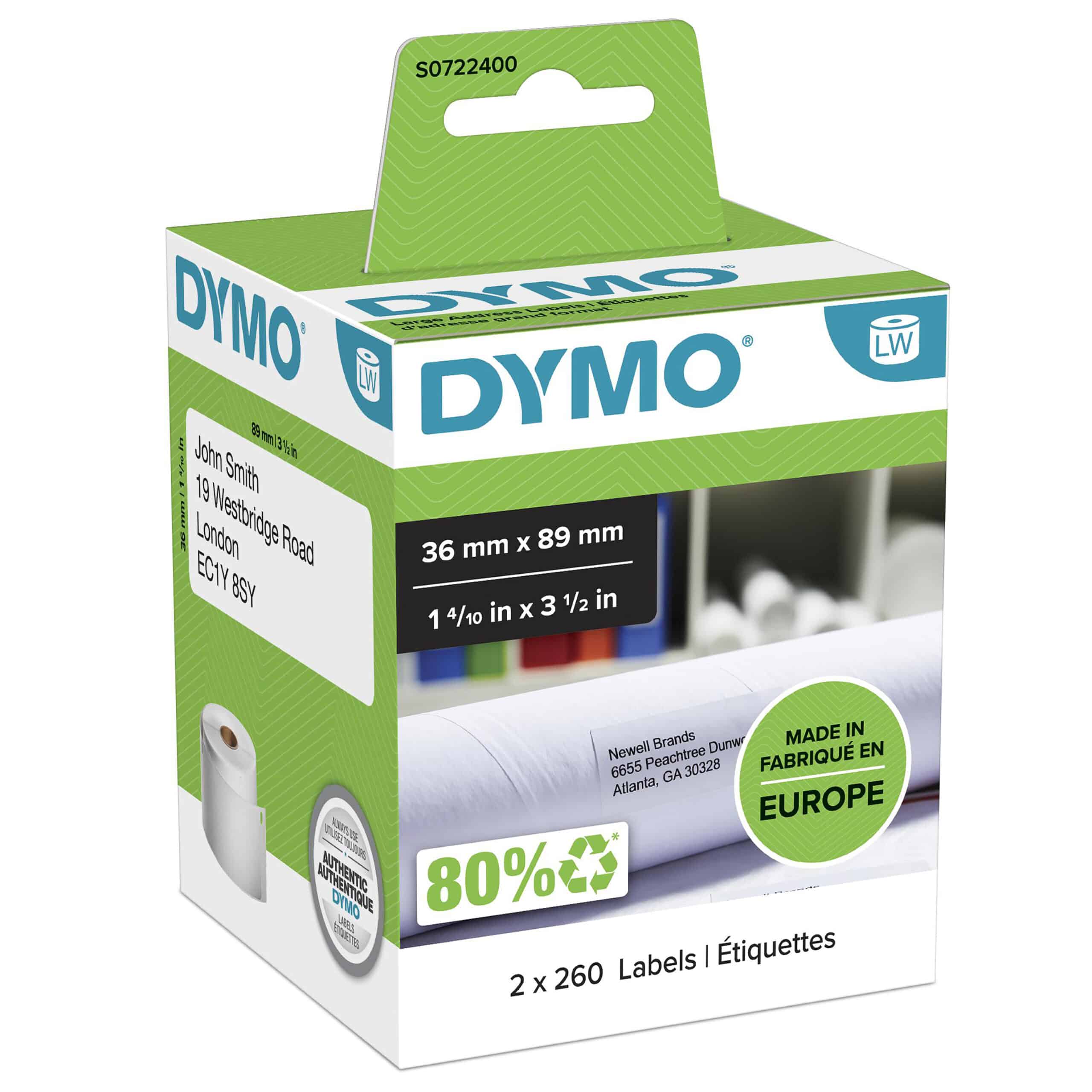 b4a40703e8954c19dc5dcbd7482b90860773738b-1.jpg DYMO originele grote LabelWriter adreslabels | 36 mm x 89 mm | 2 rollen met elk 260 labels (520 zelfklevende etiketten) | Geschikt voor de LabelWriter labelprinters | Gemaakt in Europa S0722400 - Afbeelding 1