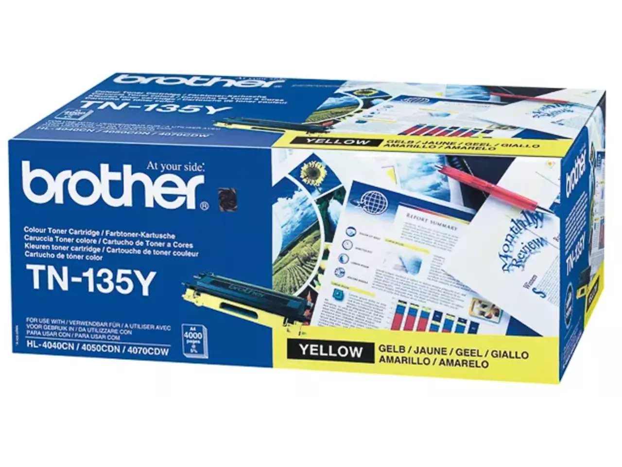 TN135Y BROTHER HL Toner geel HC 4000 pagina’s Brother TN-135Y. Kleurentoner paginaopbrengst: 4000 pagina’s, Printkleuren: Geel, Aantal per verpakking: 1 stuk(s), Voor Printer: BROTHER Laser Printer DCP-9040; BROTHER