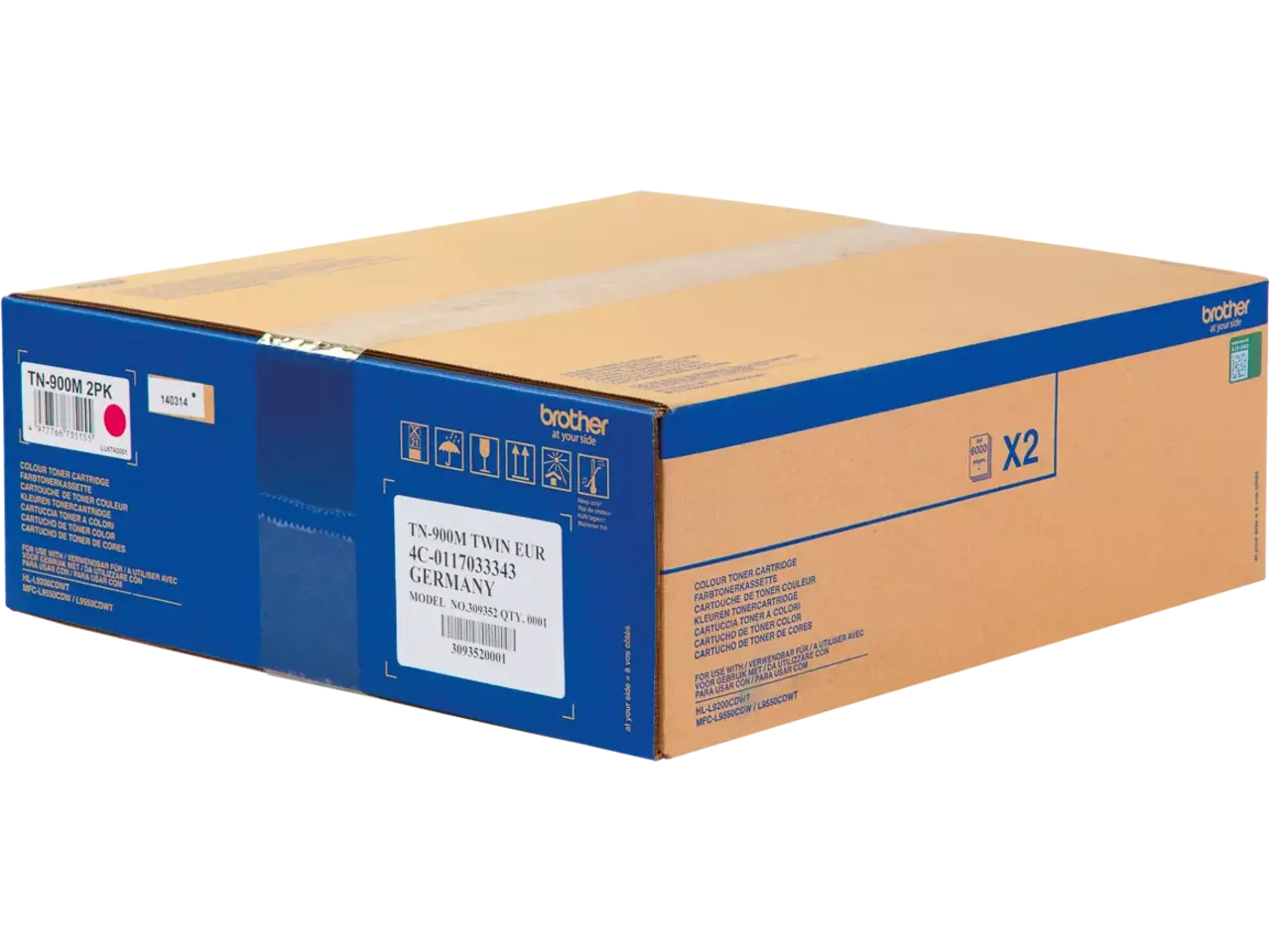 TN900MTWIN BROTHER HL Toner (2) magenta 2x6000pagina’s Brother TN-900MTWIN. Kleurentoner paginaopbrengst: 12000 pagina’s, Printkleuren: Magenta, Aantal per verpakking: 2 stuk(s), Voor Printer: BROTHER Laser Printer HL-L 9200;