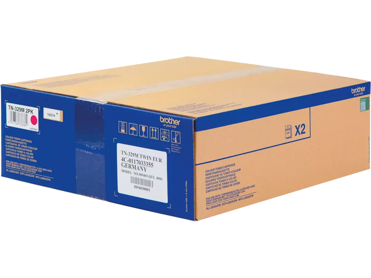 TN329MTWIN BROTHER HL Toner (2) magenta 2x6000pagina’s Brother TN-329MTWIN. Kleurentoner paginaopbrengst: 12000 pagina’s, Printkleuren: Magenta, Aantal per verpakking: 2 stuk(s), Voor Printer: BROTHER Laser Printer HL-L 8350;