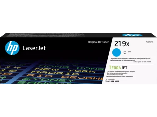 De HP 219X originele high-capacity cyaan LaserJet-tonercartridge levert scherpe, levendige afdrukken en gaat tot 2500 pagina’s mee. Deze cyaan toner