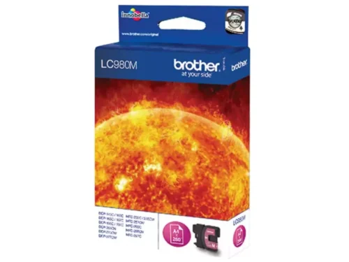 Brother LC980M. Type kleureninkt: Inkt op pigmentbasis, Type aanbod: Enkele verpakking, Paginaopbrengst gekleurde inkt: 260 pagina’s, Printkleuren: Magenta, Aantal per