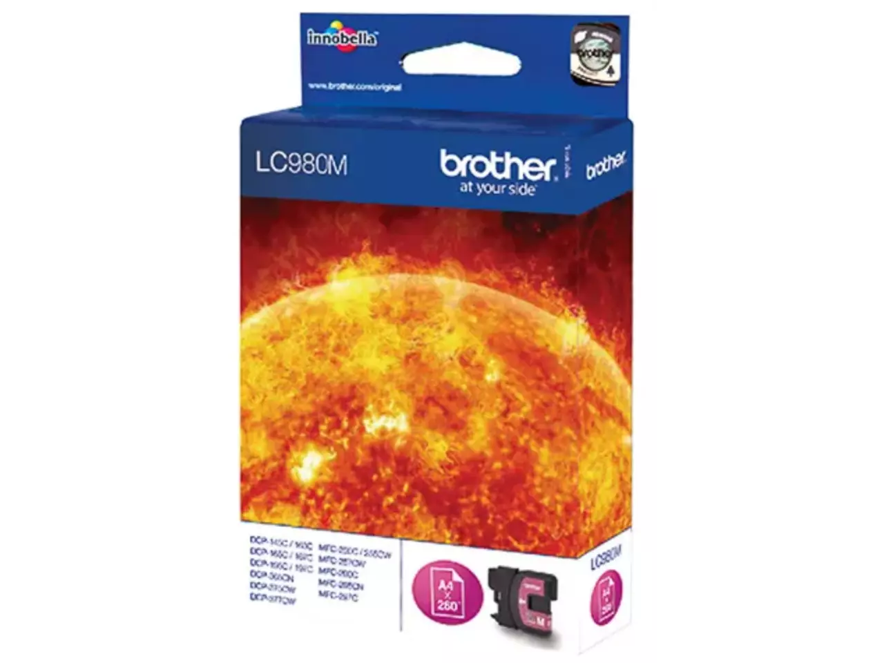 LC980M BROTHER DCP Inkt magenta 260 pagina’s Brother LC980M. Type kleureninkt: Inkt op pigmentbasis, Type aanbod: Enkele verpakking, Paginaopbrengst gekleurde inkt: 260 pagina’s, Printkleuren: Magenta, Aantal per