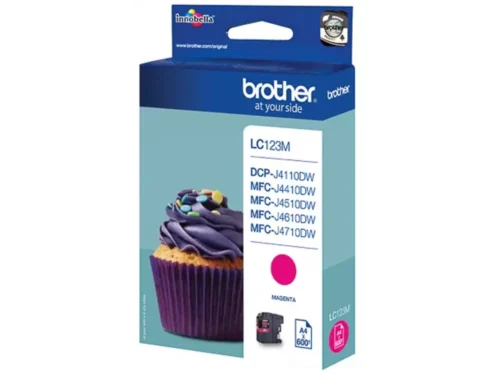 Brother LC123M. Type kleureninkt: Inkt op pigmentbasis, Type aanbod: Enkele verpakking, Paginaopbrengst gekleurde inkt: 600 pagina’s, Printkleuren: Magenta, Aantal per