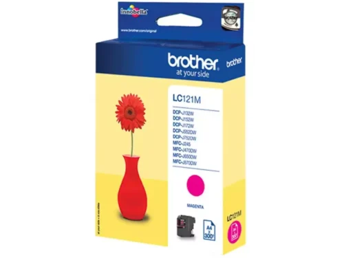 Brother LC121M. Type kleureninkt: Inkt op pigmentbasis, Type aanbod: Enkele verpakking, Paginaopbrengst gekleurde inkt: 300 pagina’s, Printkleuren: Magenta, Aantal per