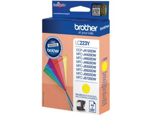 Brother LC223Y. Type kleureninkt: Inkt op pigmentbasis, Type aanbod: Enkele verpakking, Paginaopbrengst gekleurde inkt: 550 pagina’s, Printkleuren: Geel, Aantal per
