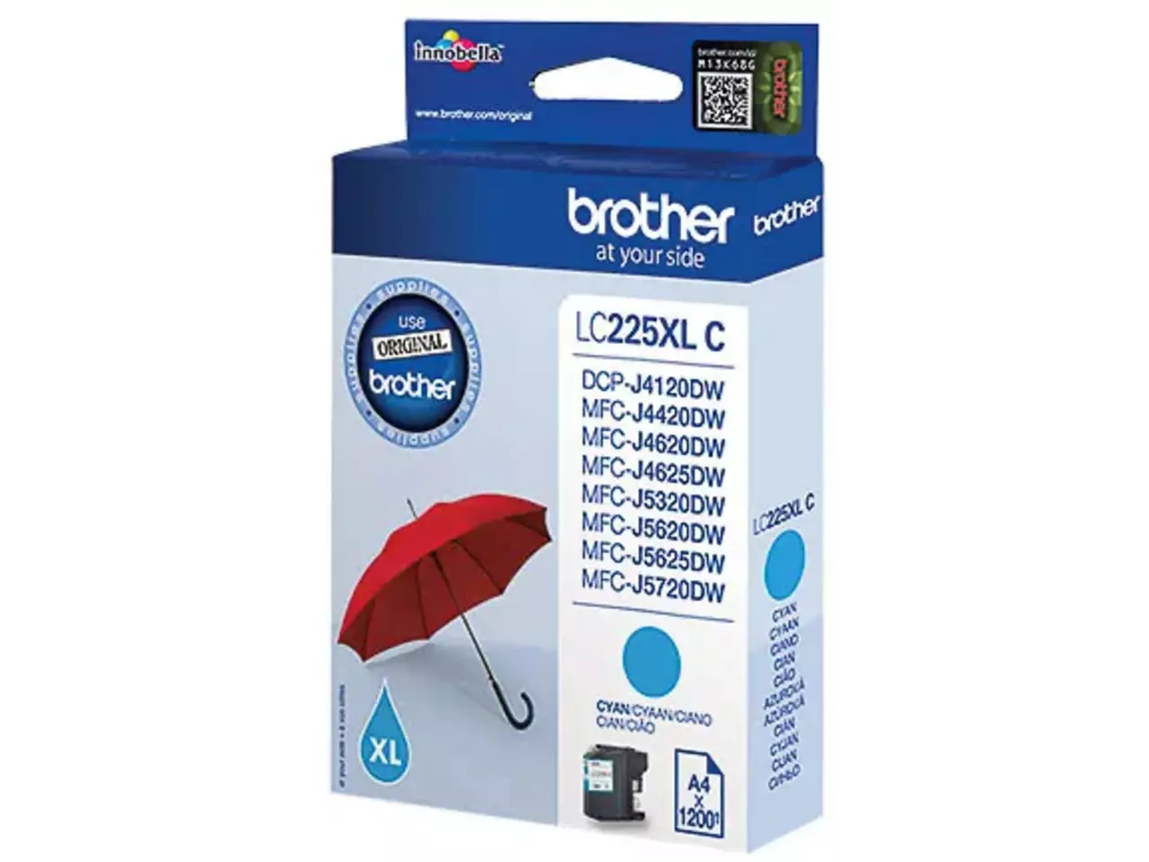 LC225XLC BROTHER MFC Inkt cyaan HC 1200 pagina’s Brother LC225XLC. Inkjet Cartridge Type: Hoog (XL) rendement, Type aanbod: Enkele verpakking, Paginaopbrengst gekleurde inkt: 1200 pagina’s, Printkleuren: Cyaan, Aantal