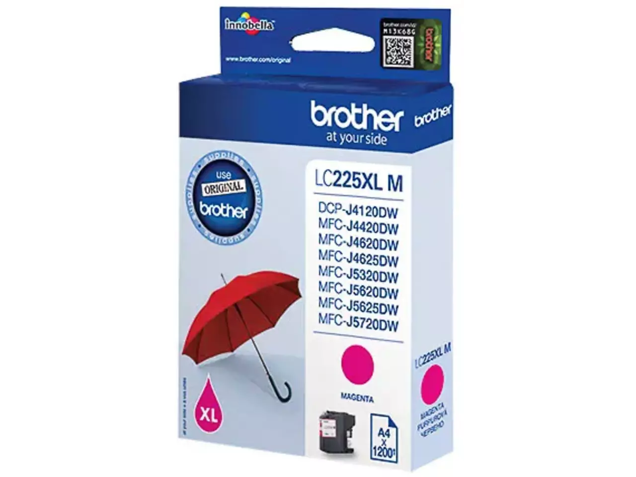 LC225XLM BROTHER MFC Inkt magenta HC 1200pagina’s Brother LC225XLM. Type kleureninkt: Inkt op pigmentbasis, Type aanbod: Enkele verpakking, Paginaopbrengst gekleurde inkt: 1200 pagina’s, Printkleuren: Magenta, Aantal per