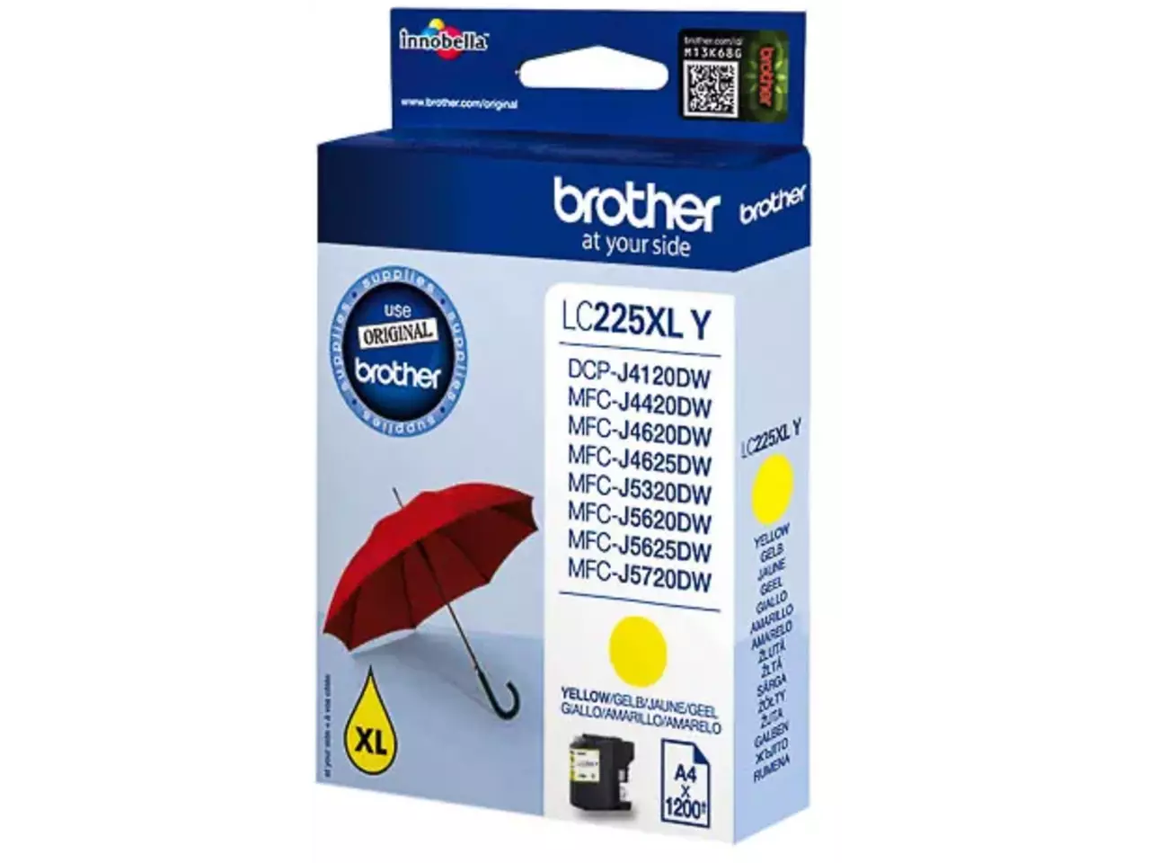 LC225XLY BROTHER MFC Inkt geel HC 1200 pagina’s Brother LC225XLY. Type kleureninkt: Inkt op pigmentbasis, Inkjet Cartridge Type: Hoog (XL) rendement, Type aanbod: Enkele verpakking, Paginaopbrengst gekleurde inkt:
