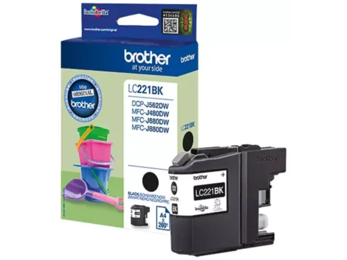 Brother LC221BK. Type zwarte inkt: Inkt op pigmentbasis, Type aanbod: Enkele verpakking, Printkleuren: Zwart, Aantal per verpakking: 1 stuk(s), Paginaopbrengst