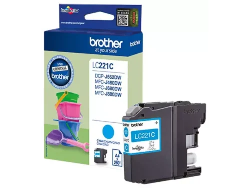 Brother LC221C. Type aanbod: Enkele verpakking, Paginaopbrengst gekleurde inkt: 260 pagina’s, Printkleuren: Cyaan, Aantal per verpakking: 1 stuk(s), Voor Printer: