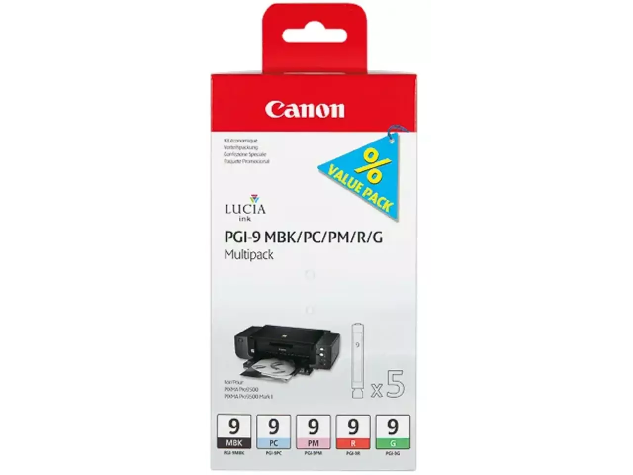 170008440812.webp 1033B013 CANON PGI9 Nr.9 Pixma Inkt (5) mbk/pbk/g/r w/o SEC foto's Blister - Afbeelding 1