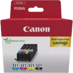 6509B016 CANON CLI551 Pixma Inkt (4) cmyk SEC 1x495/3x316pagina's Cardboard