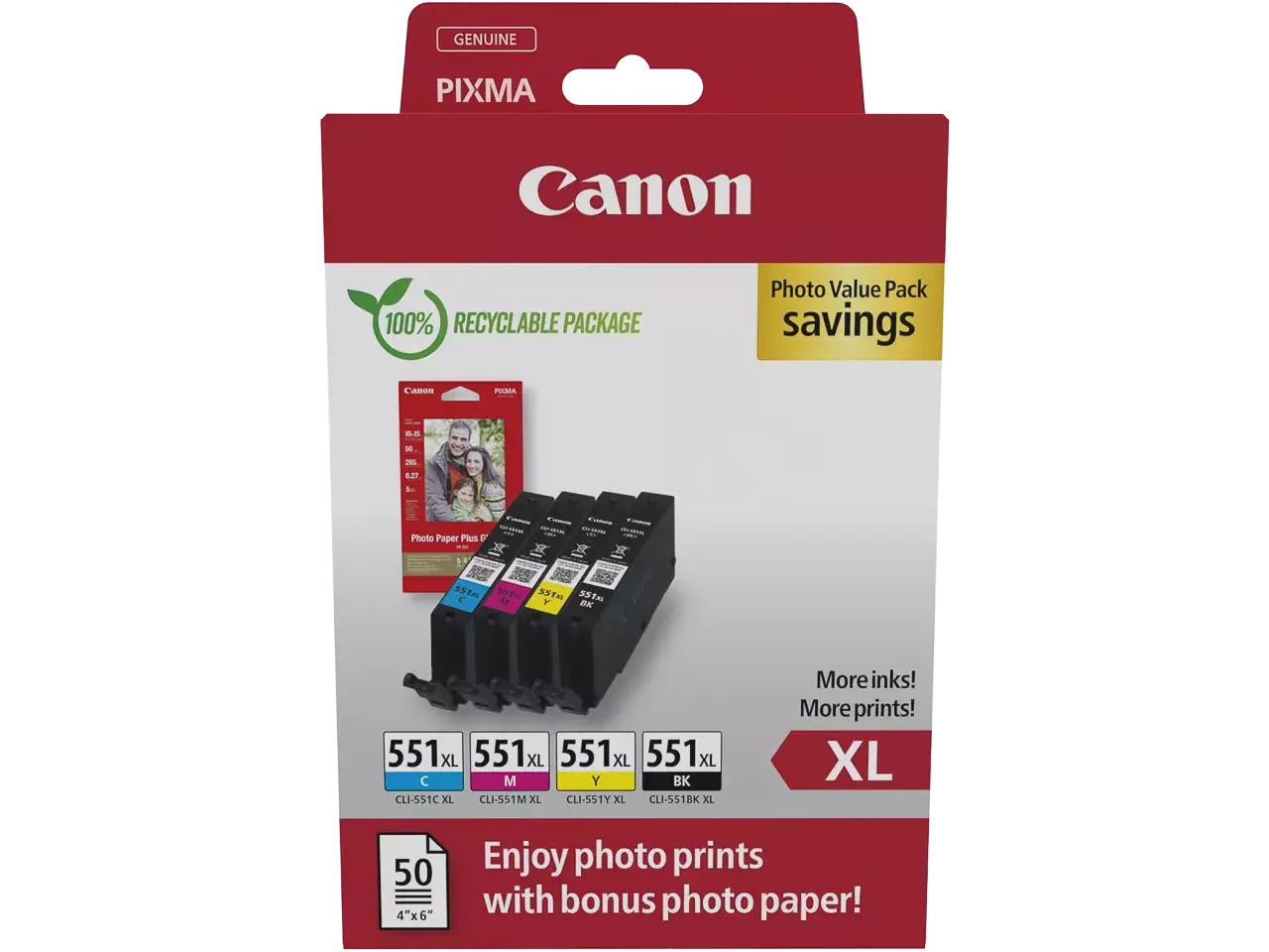 170008441108.webp 6443B008 CANON CLI551XL Pixma Inkt+Fotopapier (4) cmy pbk HC w/o SEC - Afbeelding 1