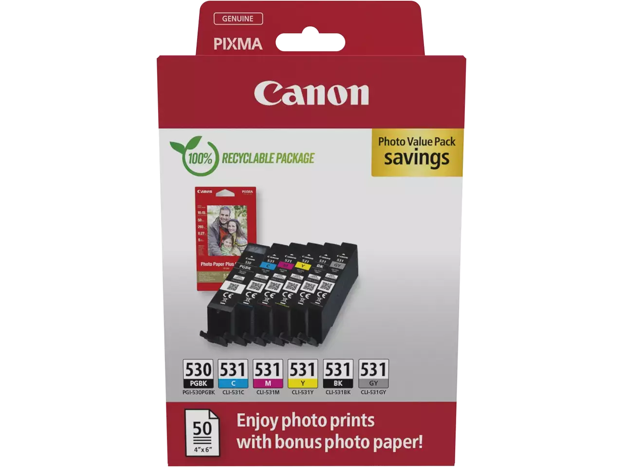 170008441193.webp 6117C004 CANON PGI530+CLI531PGBK+PP201 Pixma MG Inkt+Fotopapier (6) cmyk gy/pbk - Afbeelding 1