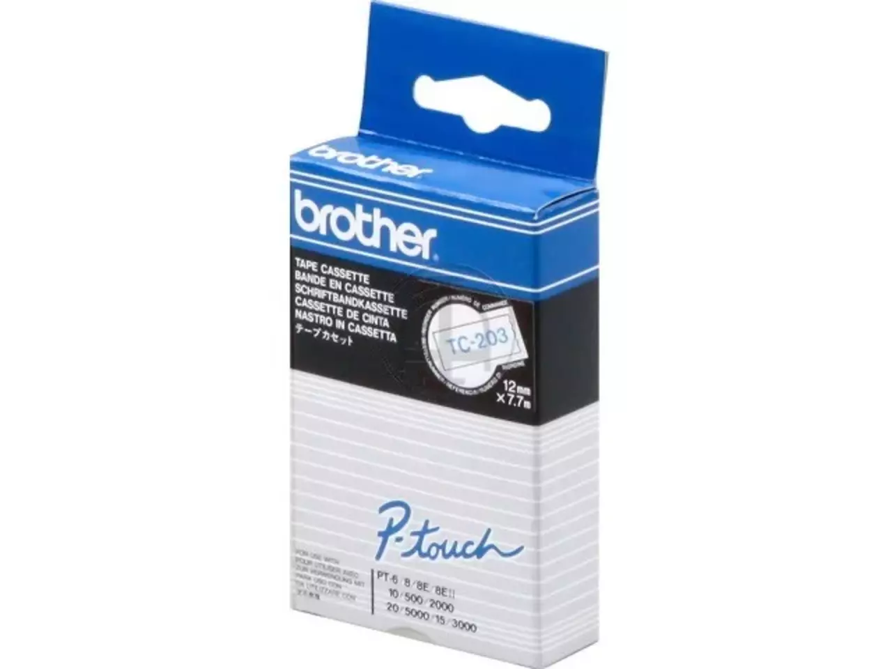 914005440031.webp TC203 BROTHER PT Labeltape 12mm wit blauw 7,7 meter gelamineerd - Afbeelding 1