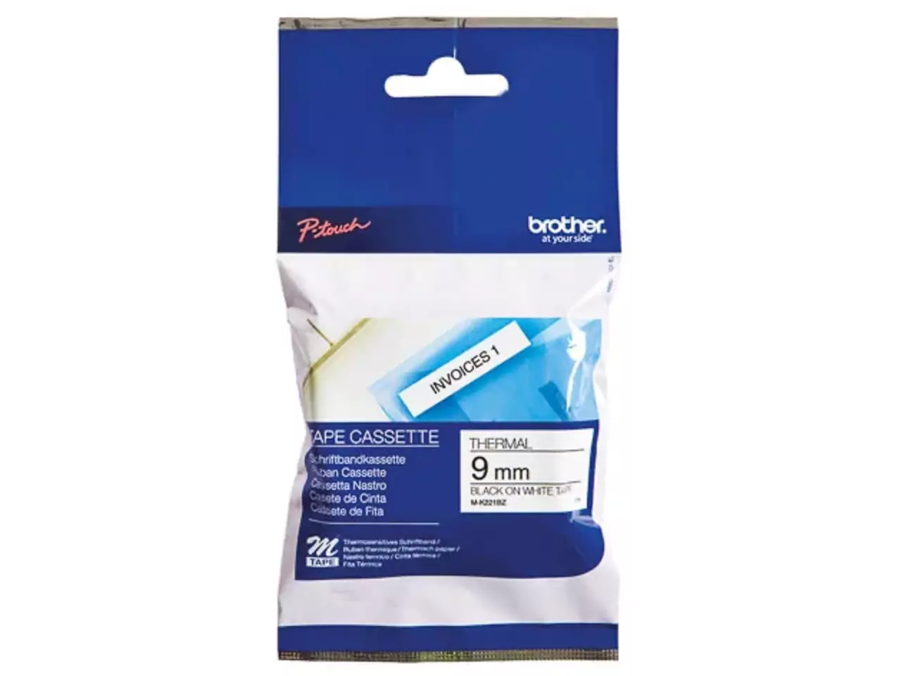914005440135.webp MK221BZ BROTHER PT Labeltape 9mm wit zwart 8 meter niet gelamineerd - Afbeelding 1