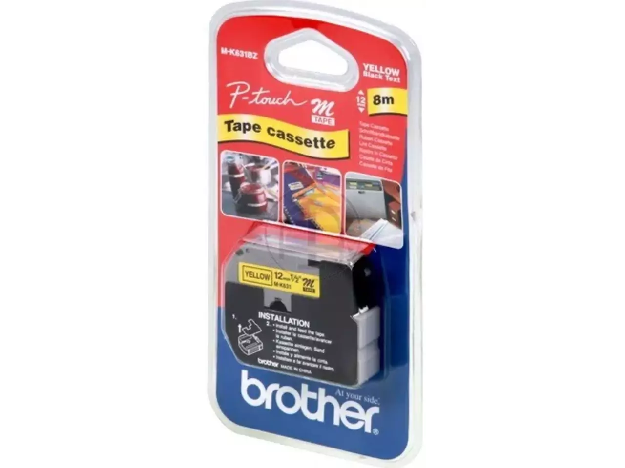 914005440169.webp MK631BZ BROTHER PT Labeltape 12mm geel zwart 8 meter niet gelamineerd - Afbeelding 1