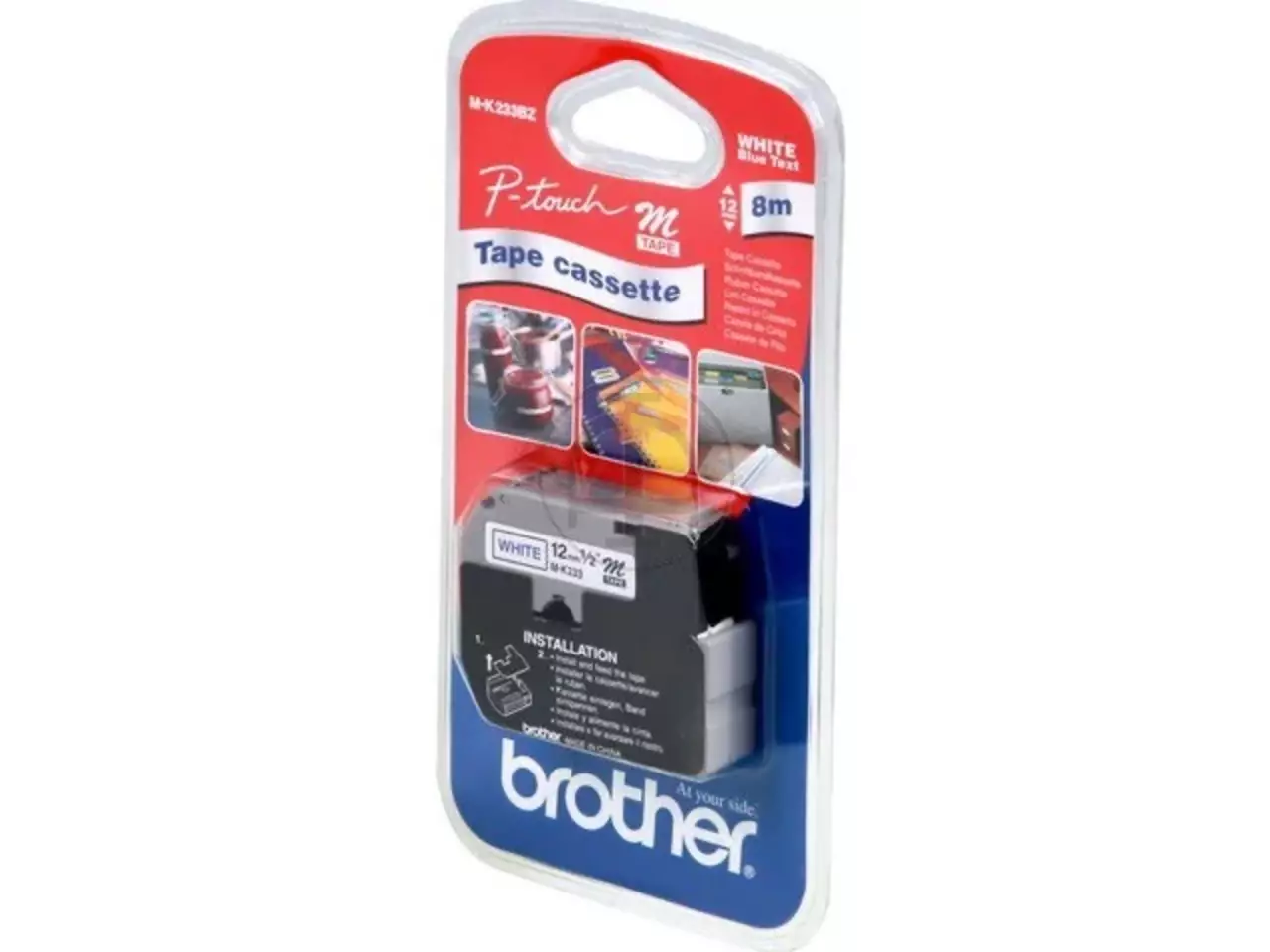 914005440173.webp MK233BZ BROTHER PT Labeltape 12mm wit blauw 8 meter niet gelamineerd - Afbeelding 1