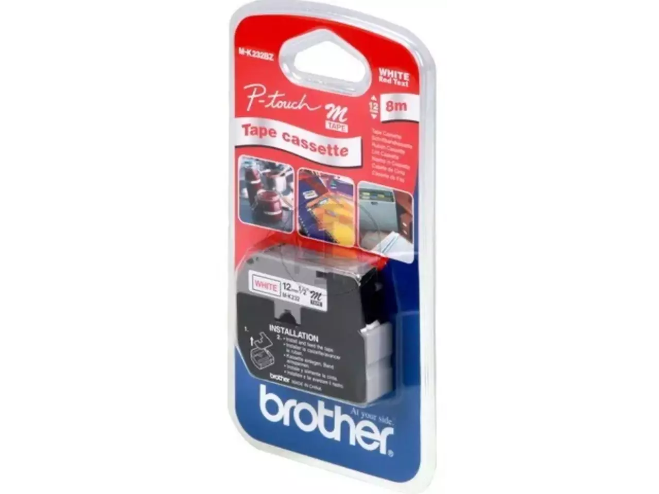 914005440183.webp MK232BZ BROTHER PT Labeltape 12mm wit rood 8 meter niet gelamineerd - Afbeelding 1