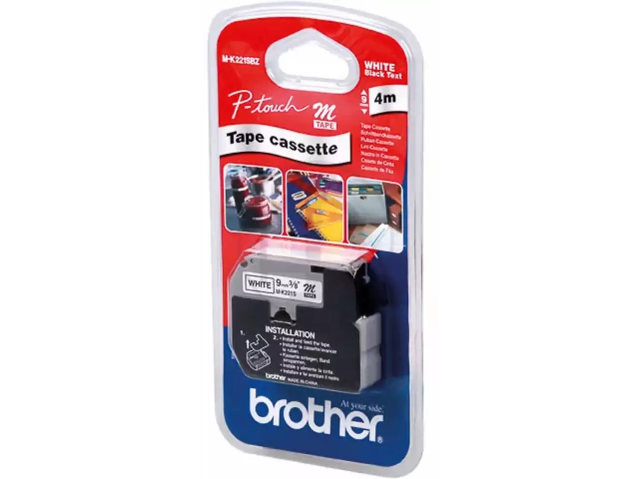 914005440481.webp MK221SBZ BROTHER PT Labeltape 9mm wit zwart 4 meter niet gelamineerd - Afbeelding 1