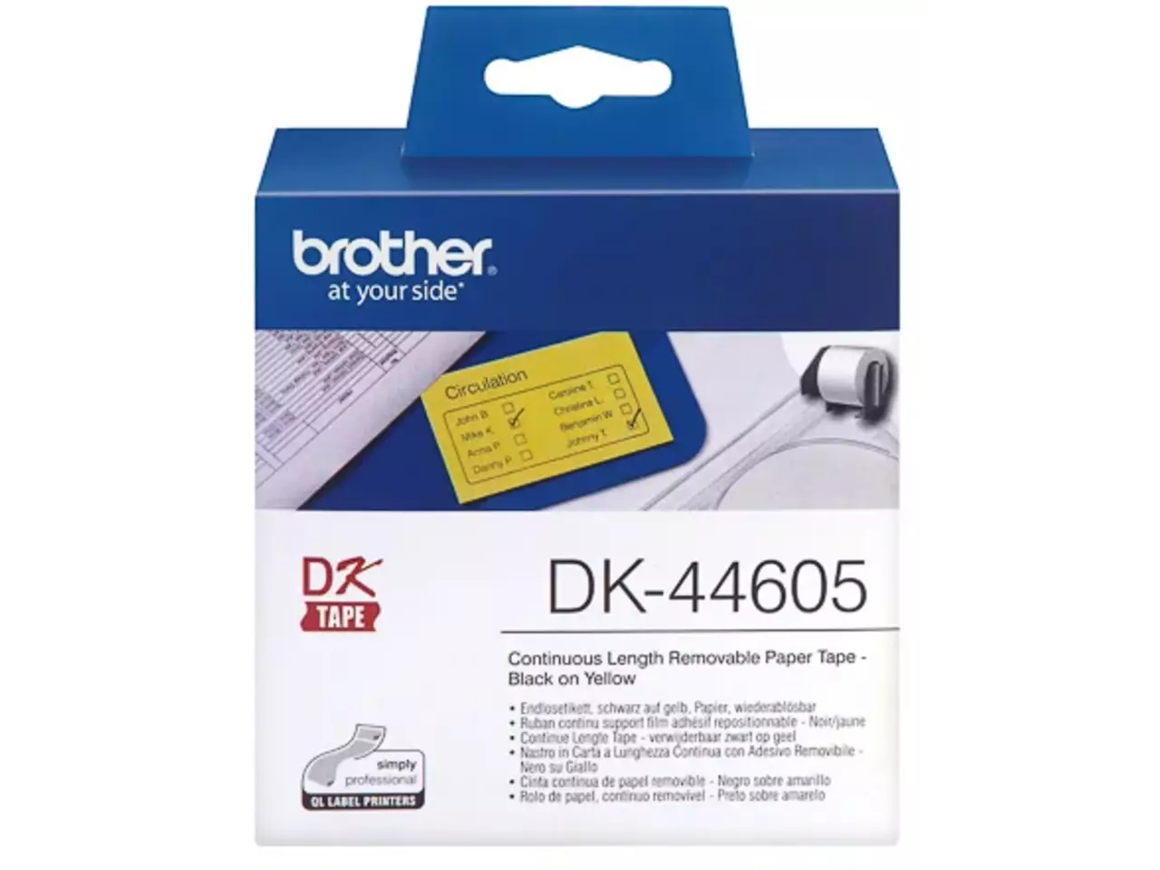 914005440512.webp DK44605 BROTHER QL550 Etiketrol 62mm geel zwart 30,48 meter verwijderbaar - Afbeelding 1