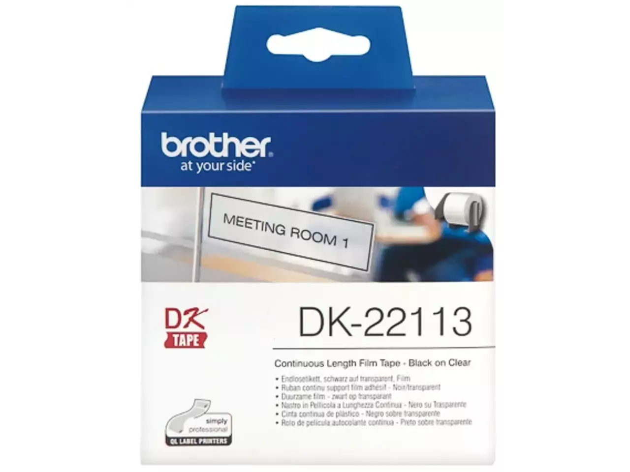 914005440514.webp DK22113 BROTHER QL550 Etiketrol 62mm transparant zwart 15,24 meter permanent - Afbeelding 1
