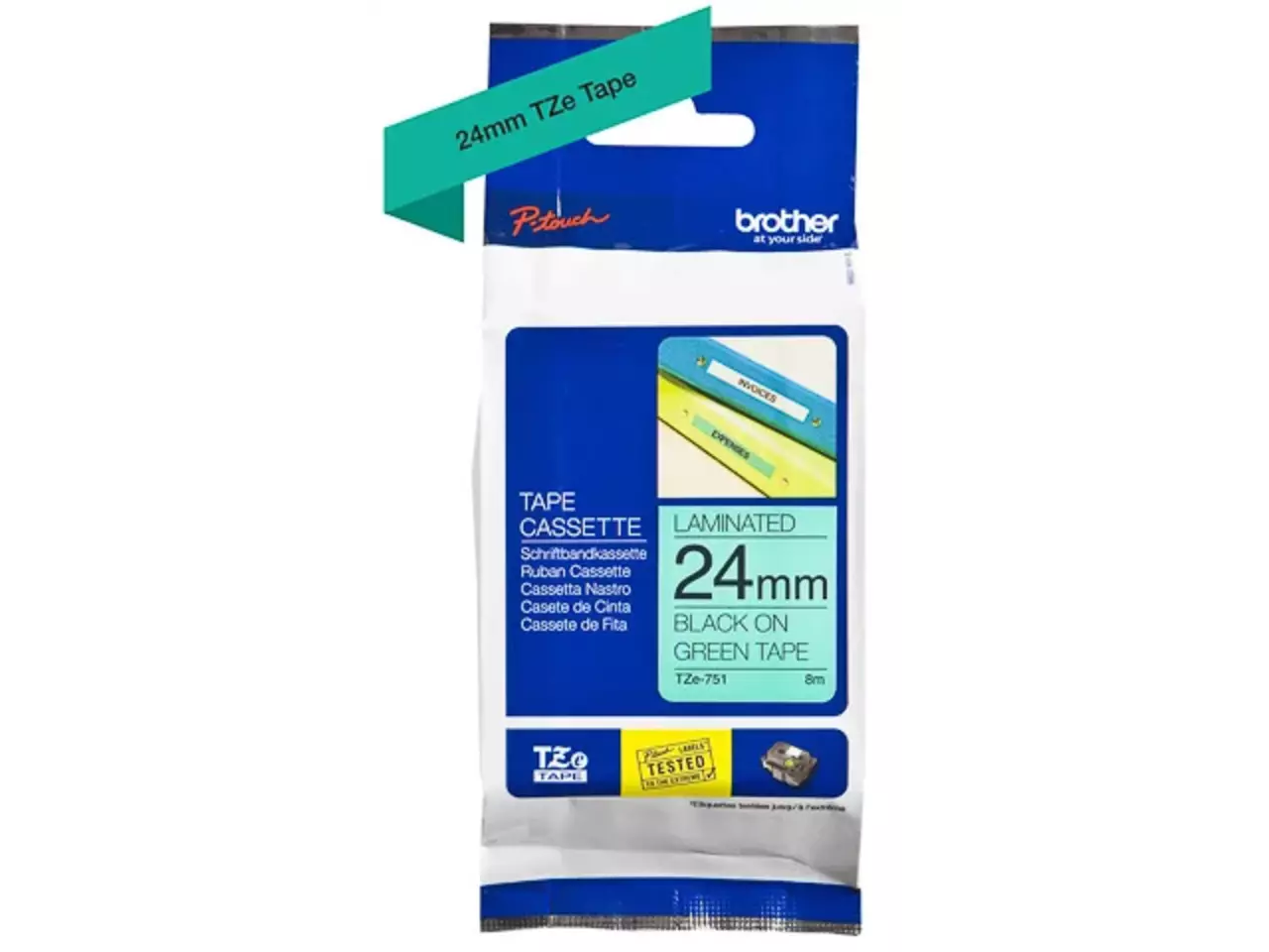 914005440623.webp TZE751 BROTHER PT Labeltape 24mm groen zwart 8 meter gelamineerd - Afbeelding 1