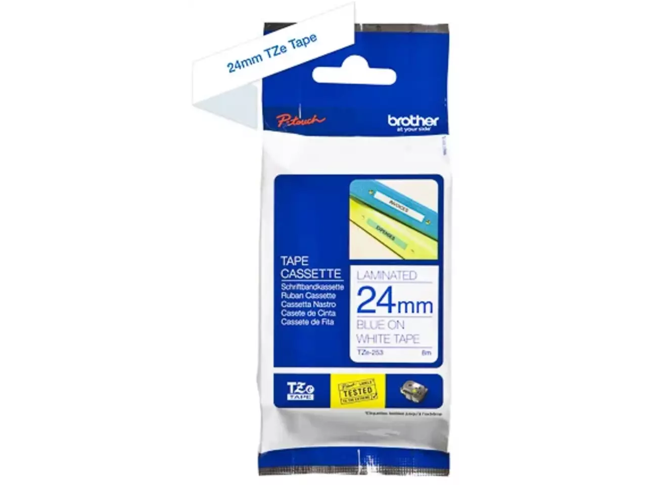 914005440629.webp TZE253 BROTHER PT Labeltape 24mm wit blauw 8 meter gelamineerd - Afbeelding 1