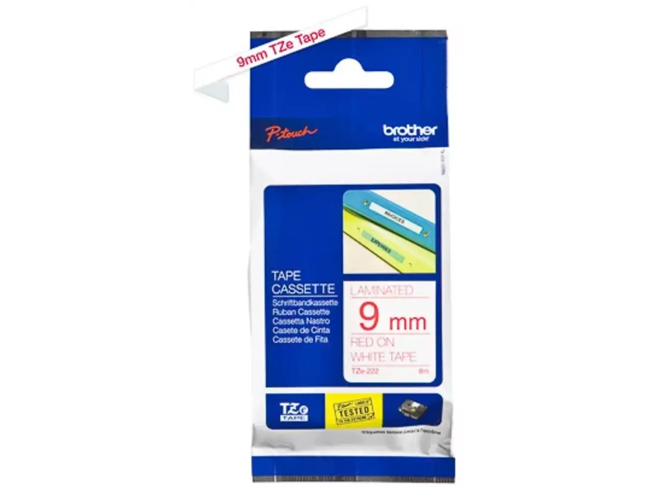 914005440630.webp TZE222 BROTHER PT Labeltape 9mm wit rood 8 meter gelamineerd - Afbeelding 1