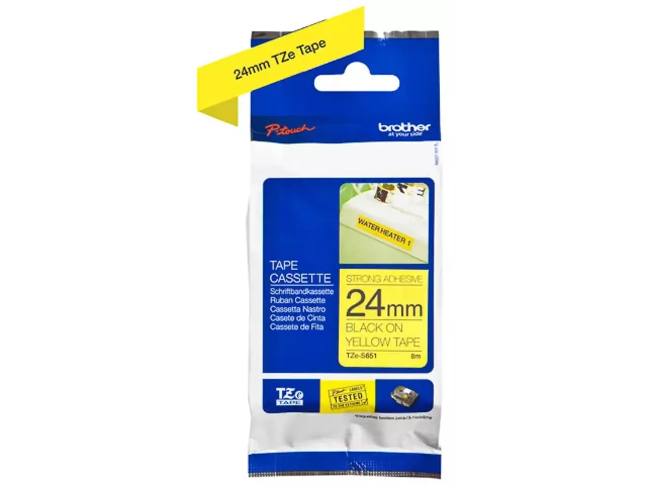 914005440633.webp TZES651 BROTHER PT Labeltape 24mm geel zwart 8 meter gelamineerd - Afbeelding 1