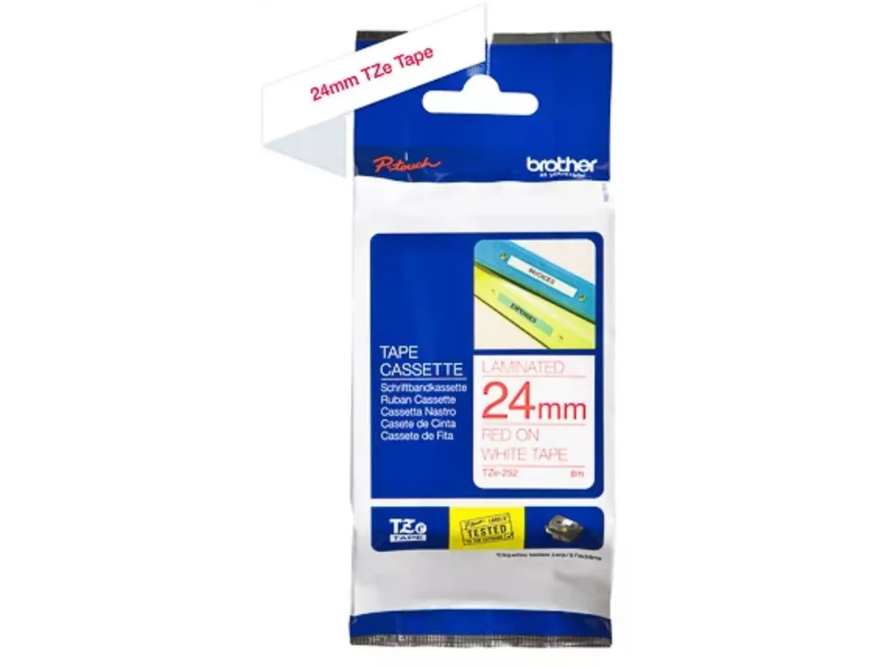 914005440648.webp TZE252 BROTHER PT Labeltape 24mm wit rood 8 meter gelamineerd - Afbeelding 1