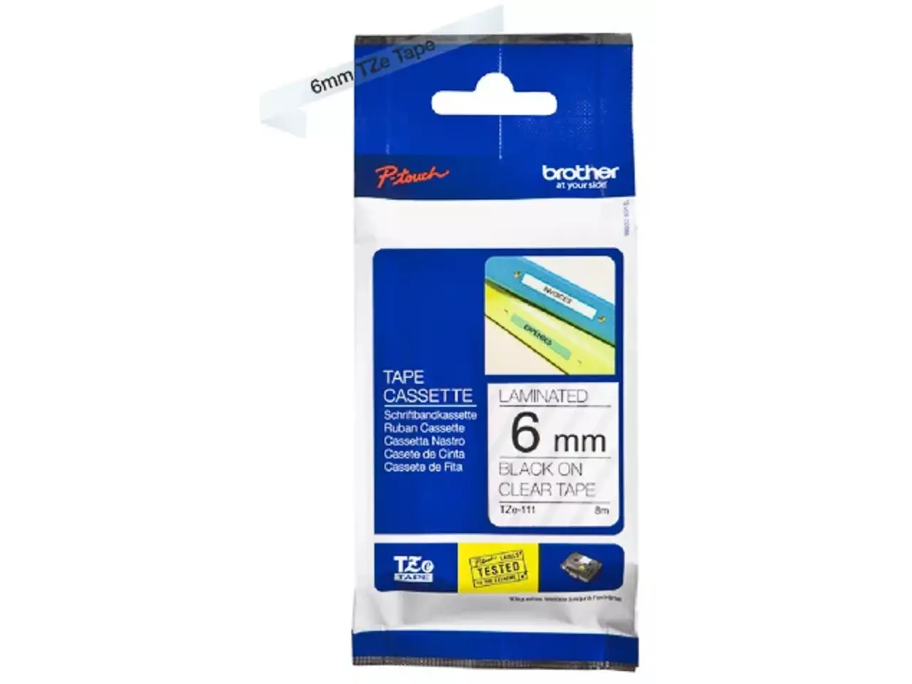 914005440649.webp TZE111 BROTHER PT Labeltape 6mm helder zwart 8 meter gelamineerd - Afbeelding 1