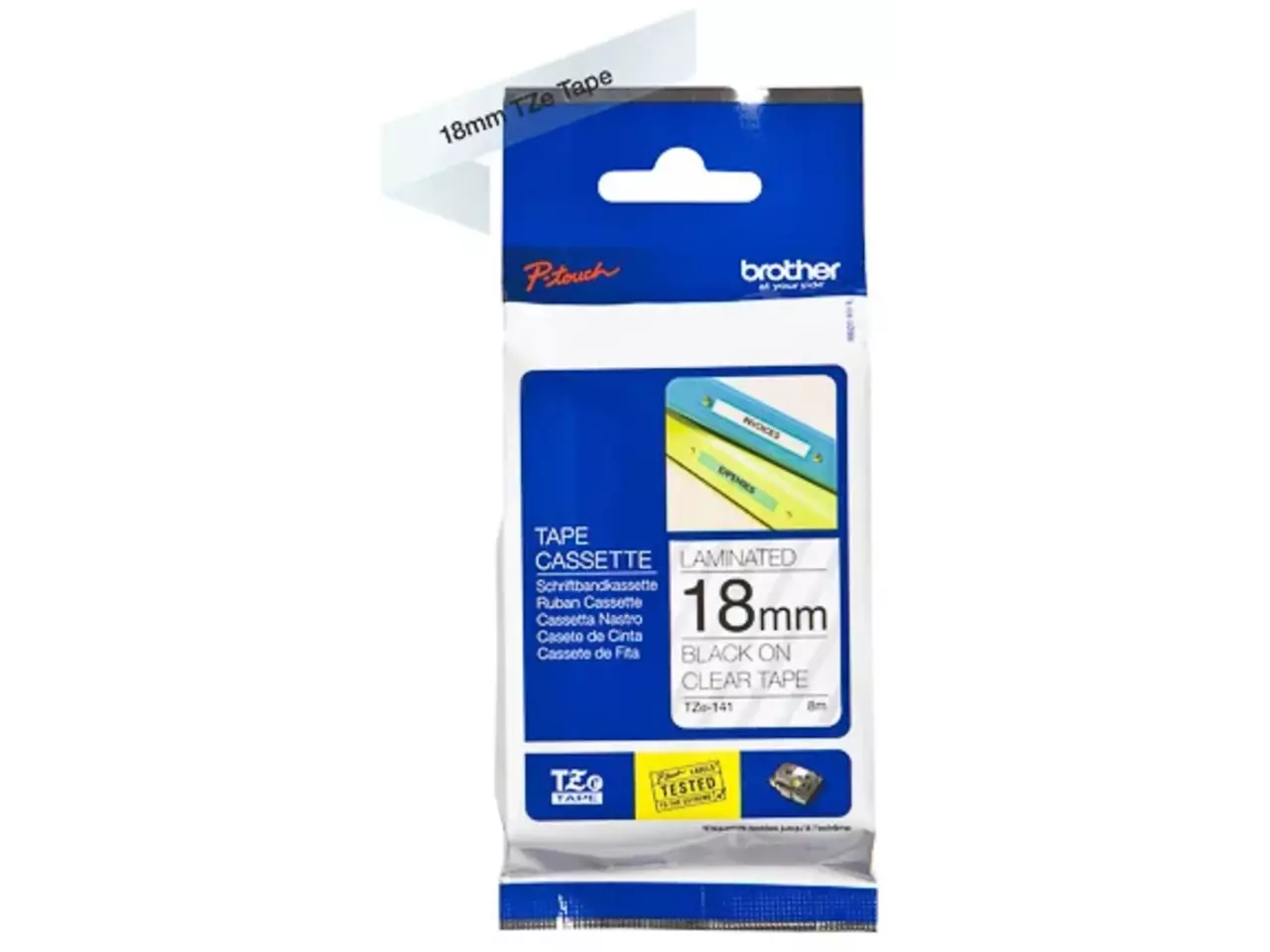 914005440650.webp TZE141 BROTHER PT Labeltape 18mm helder zwart 8 meter gelamineerd - Afbeelding 1