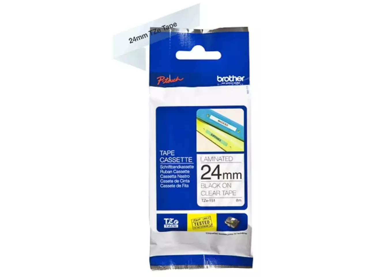 914005440651.webp TZE151 BROTHER PT Labeltape 24mm helder zwart 8 meter gelamineerd - Afbeelding 1