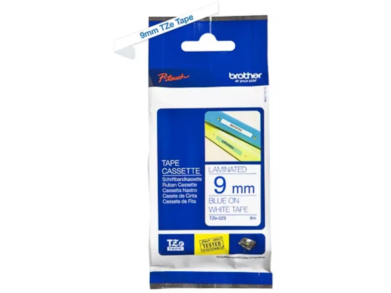 914005440652.webp TZE223 BROTHER PT Labeltape 9mm wit blauw 8 meter gelamineerd - Afbeelding 1