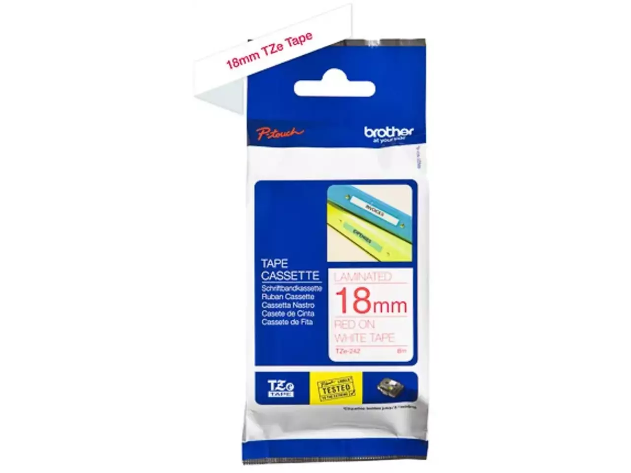 914005440654.webp TZE242 BROTHER PT Labeltape 18mm wit rood 8 meter gelamineerd - Afbeelding 1