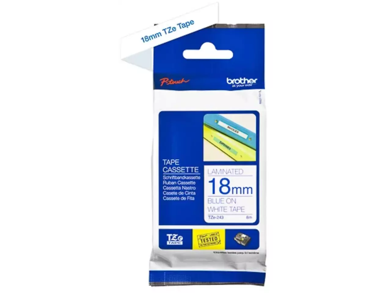 914005440655.webp TZE243 BROTHER PT Labeltape 18mm wit blauw 8 meter gelamineerd - Afbeelding 1
